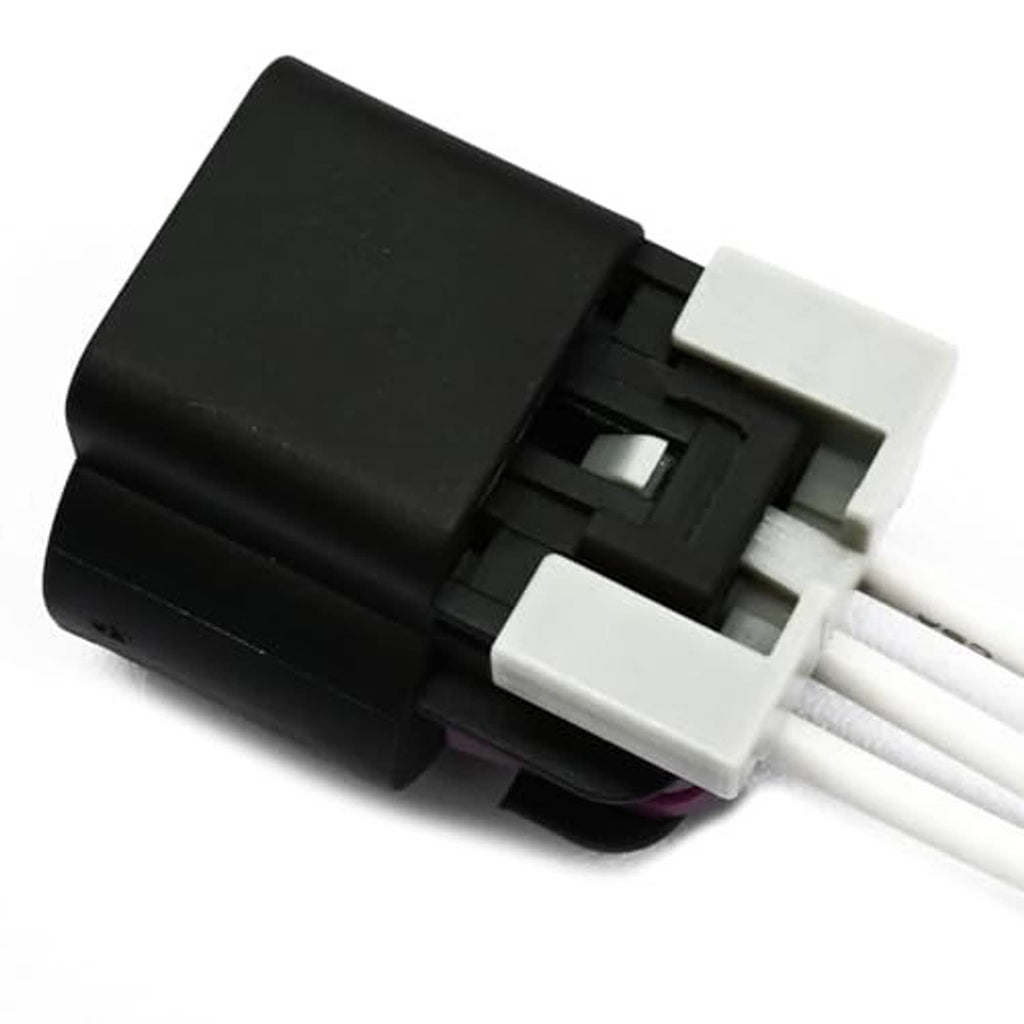 Black engine connector with white latch and three wire pigtails