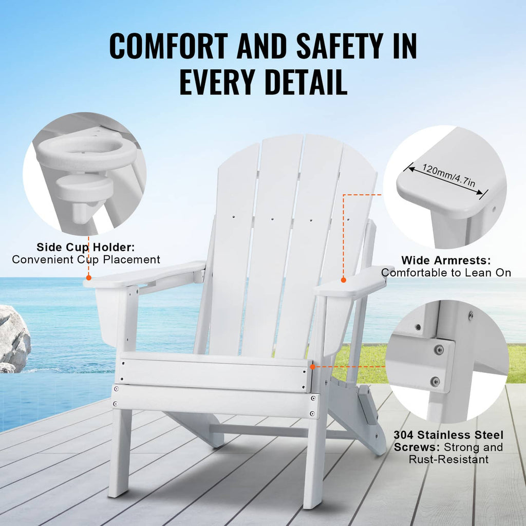 White Adirondack chair with side cup holder, wide armrests, and steel bracket hardware