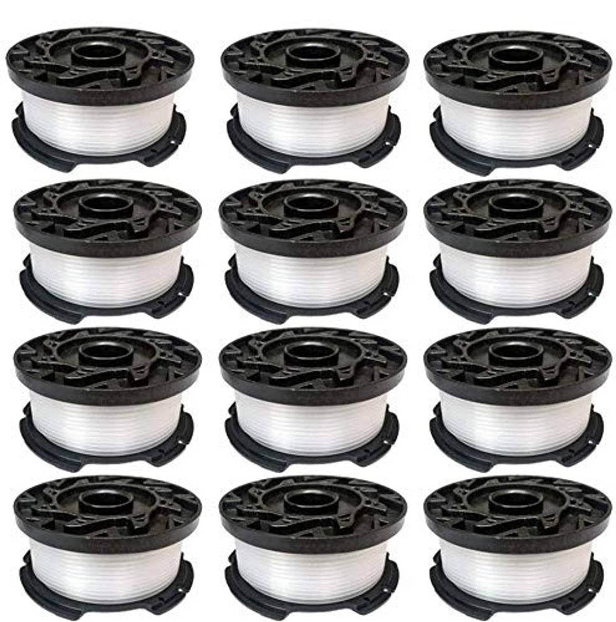 Set of black replacement trimmer spools with white line on reels