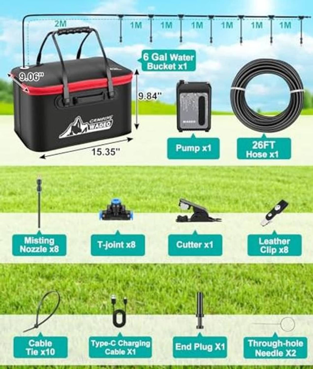 Portable misting system components: 6-gal bucket, pump, hose, and misting nozzles