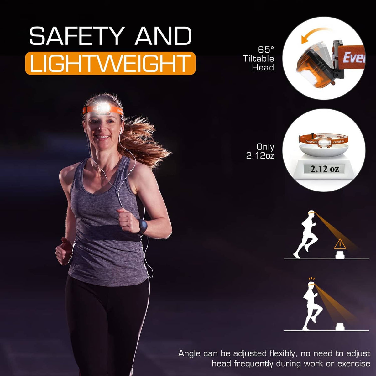 Kids headlamp with orange strap and adjustable headband, shining bright white LED light.