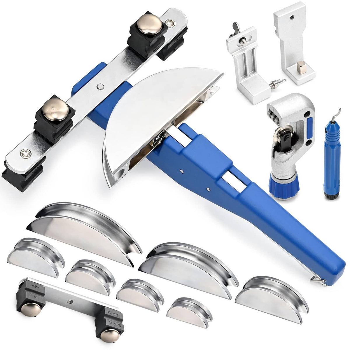 Aluminum tube HVAC pipe bender kit with blue handle and multiple curved bending dies