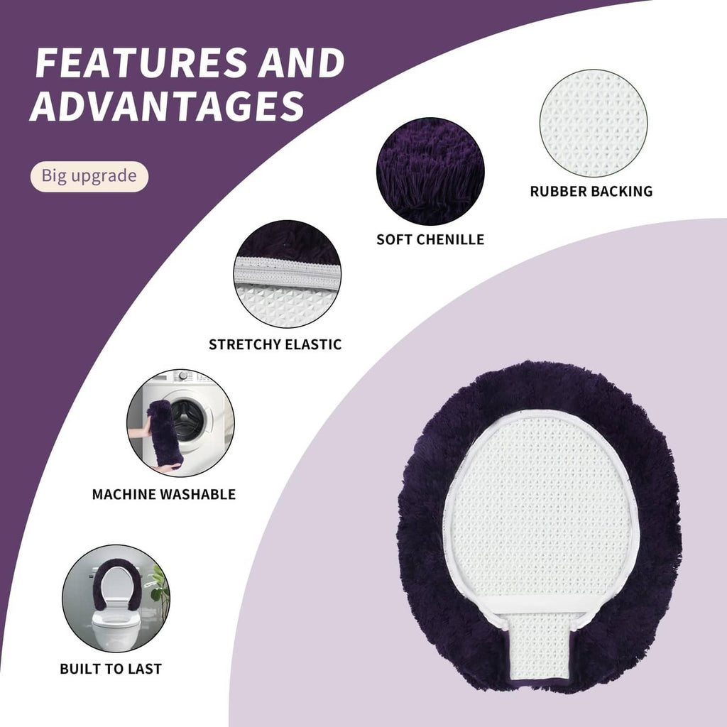 Dark purple microfiber elongated toilet seat cover with white non-slip backing