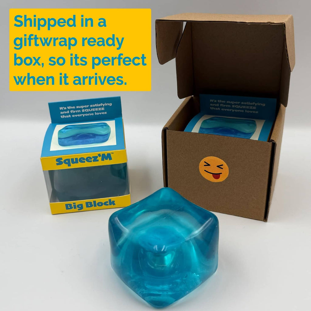 Blue Big Block stress cube in a gift-ready shipping box