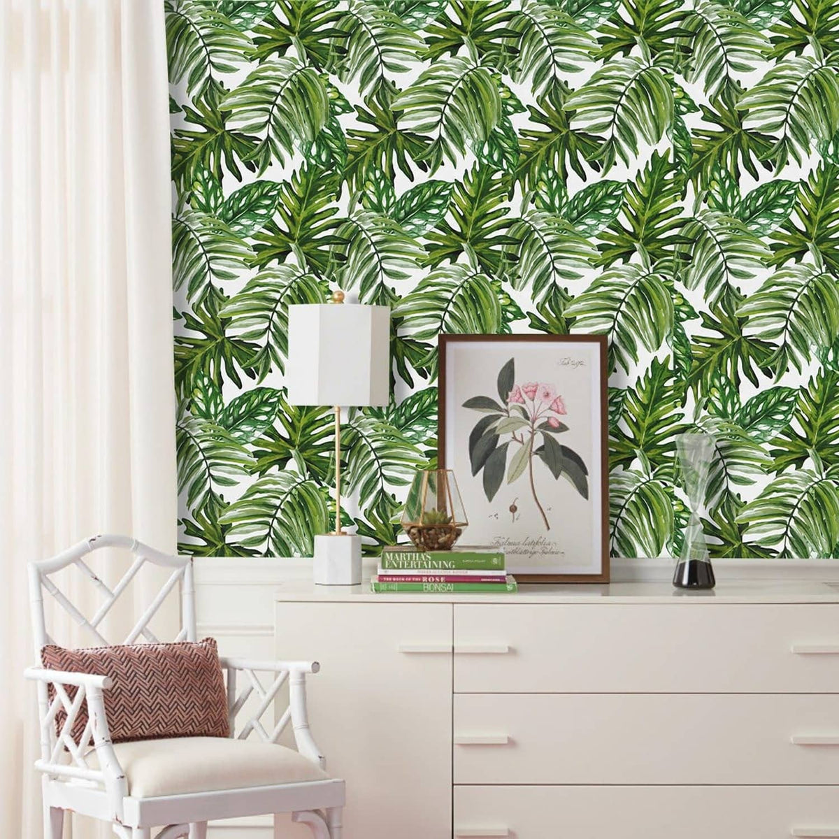 Tropical palm leaf peel-and-stick wallpaper with dense repeating green leaf motif