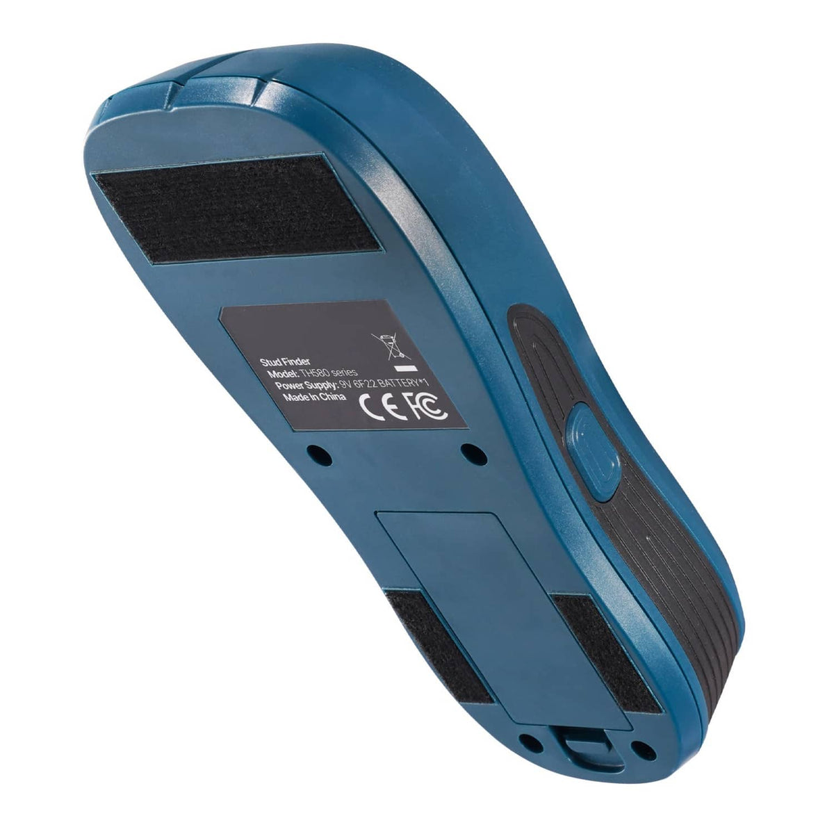 Blue electronic wall scanner side/back view with buttons and label area