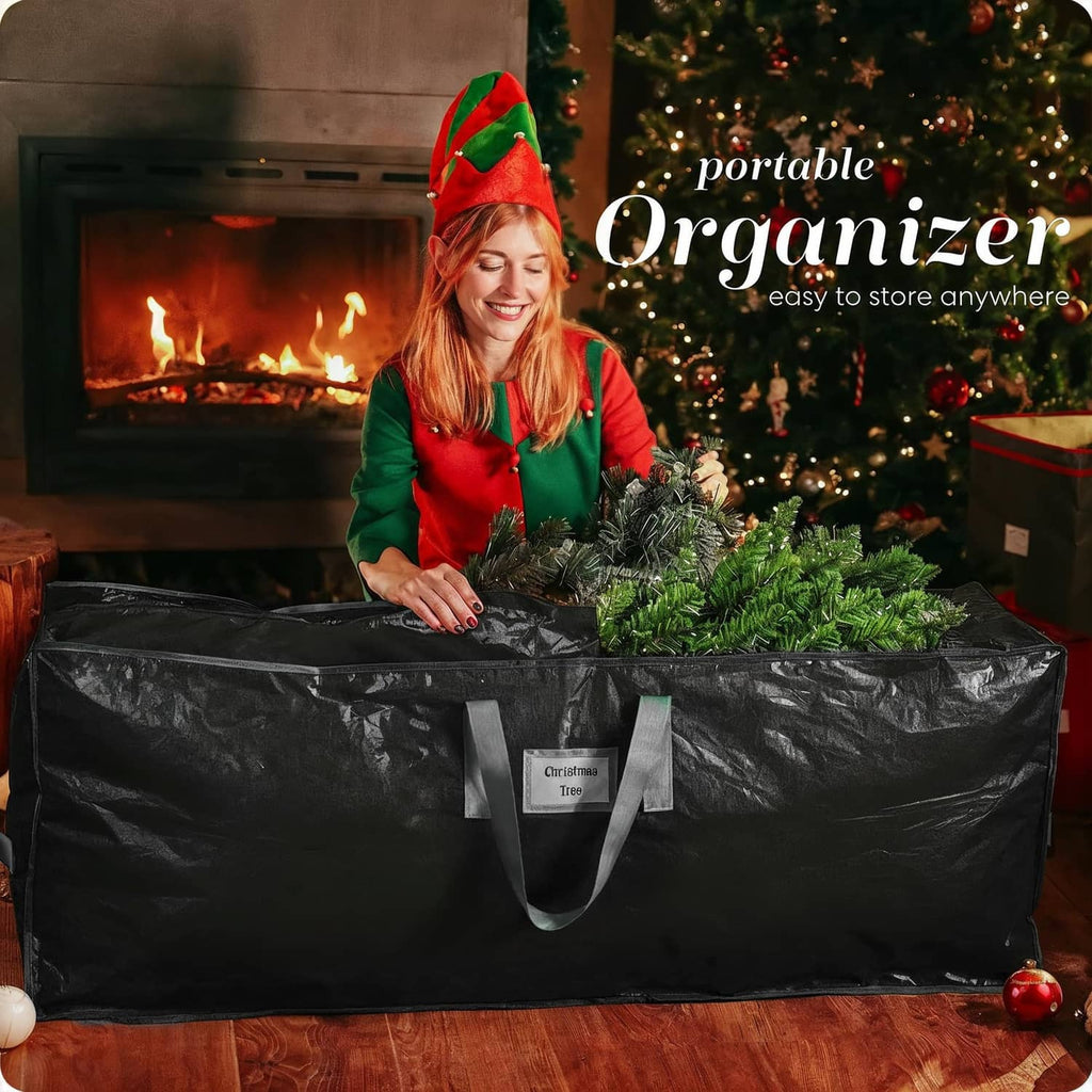 Black portable Christmas tree storage bag with handles, tree packed inside