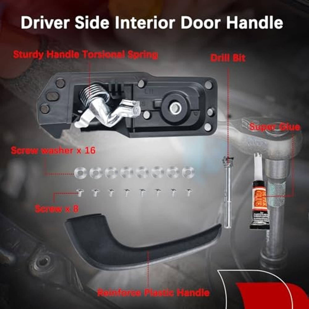 Interior door handle kit with latch mechanism, mounting screws and washers, exploded view