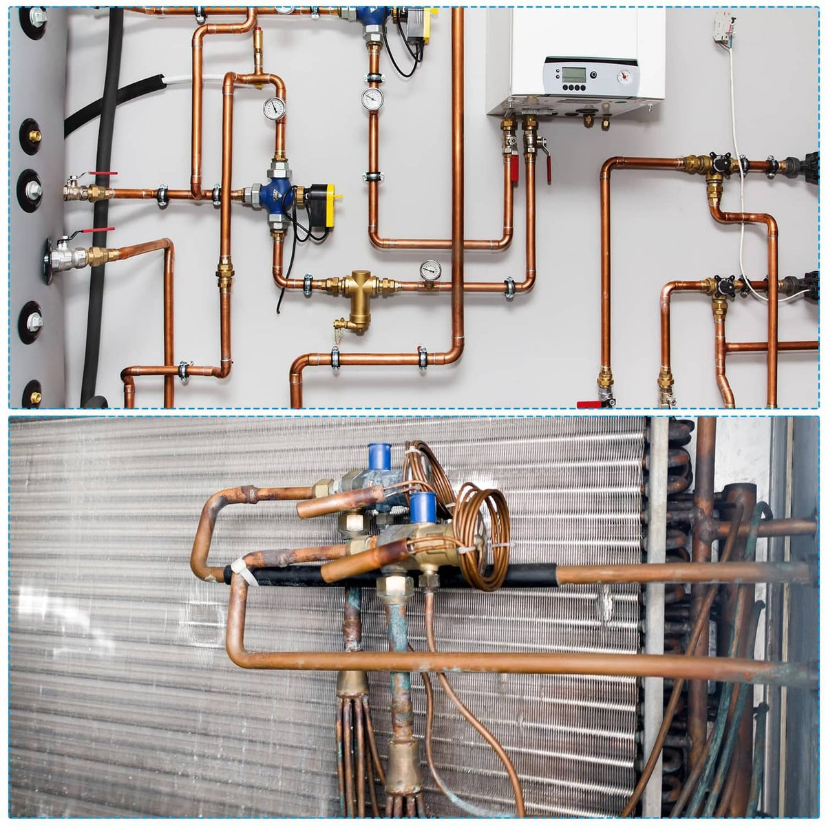 Copper tubing network with copper reducer-style fittings on HVAC piping