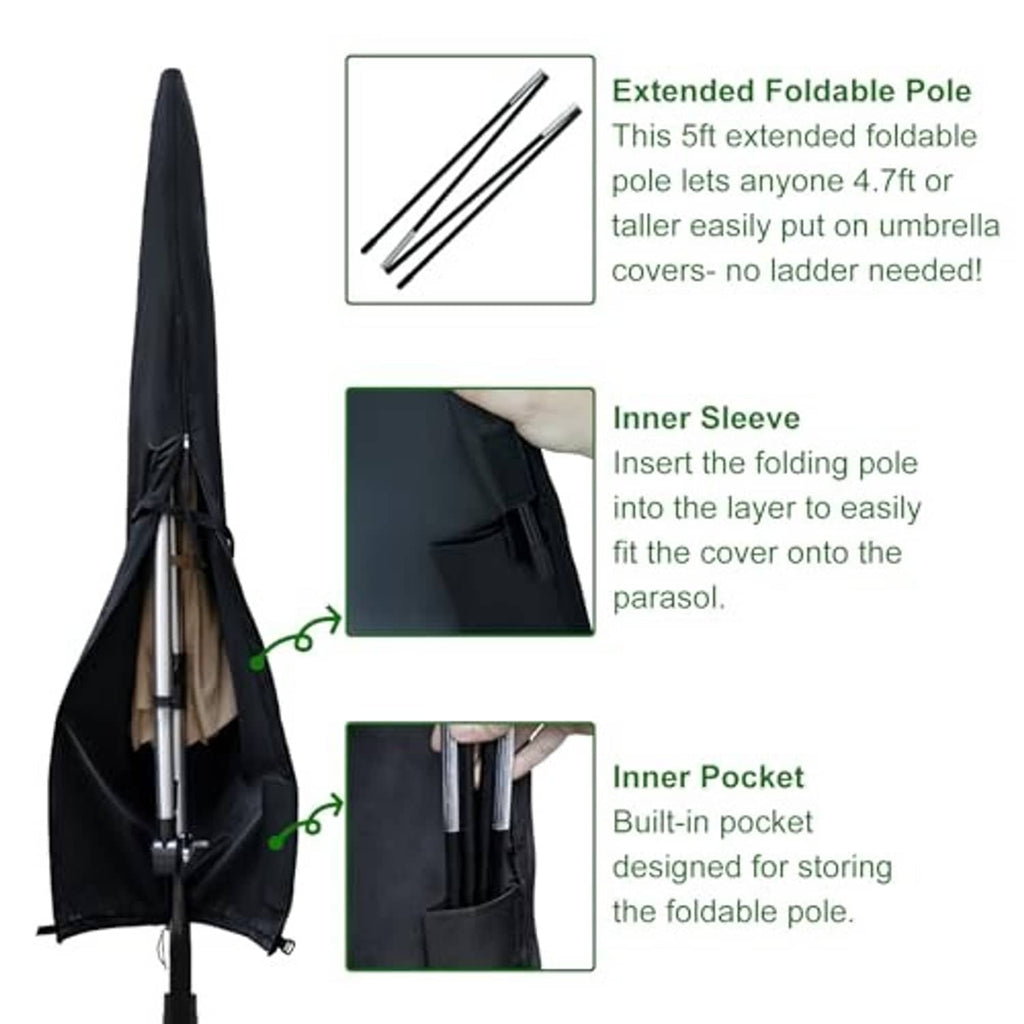 Black umbrella cover with inner sleeve and pocket for folding pole