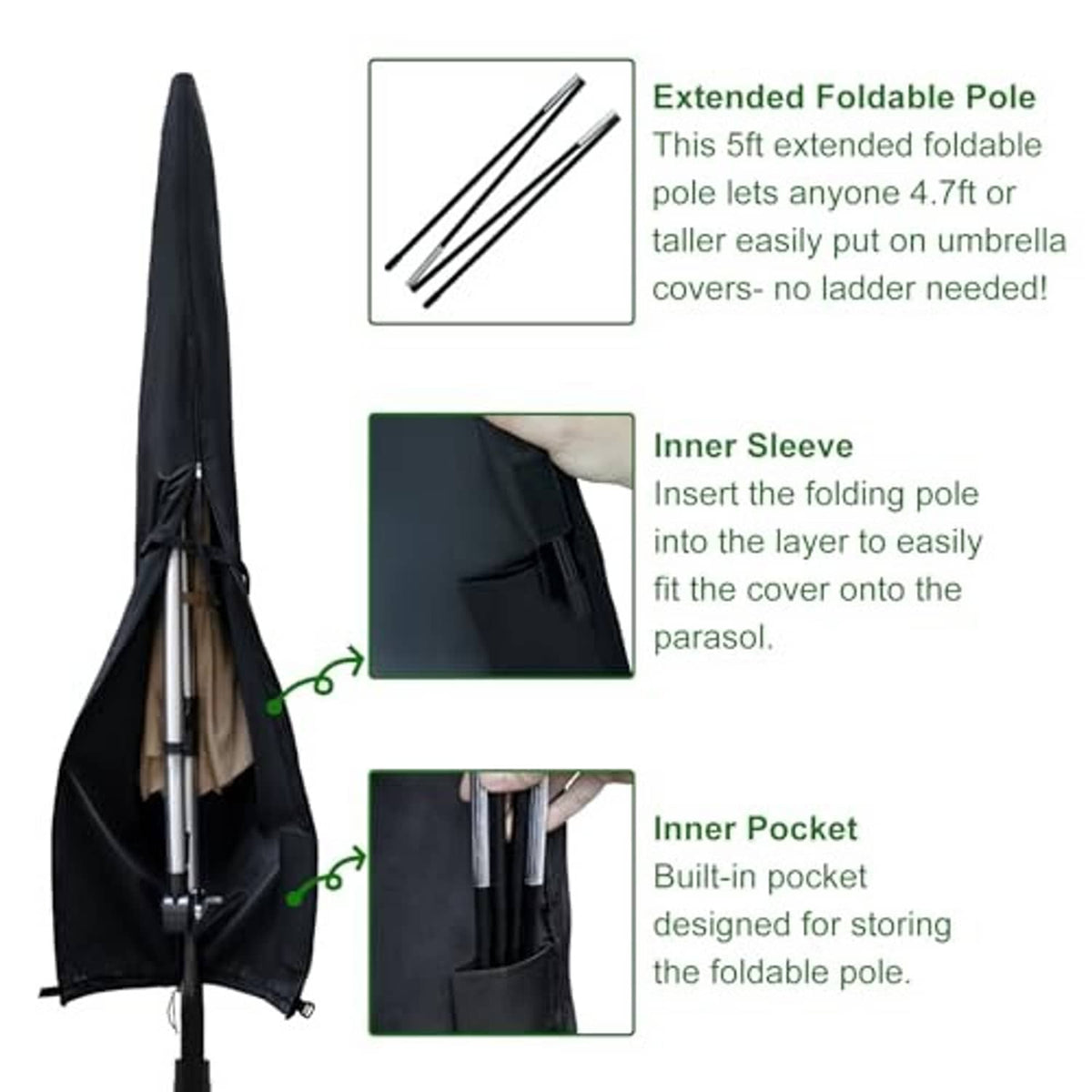 Black umbrella cover with inner sleeve and pocket for folding pole