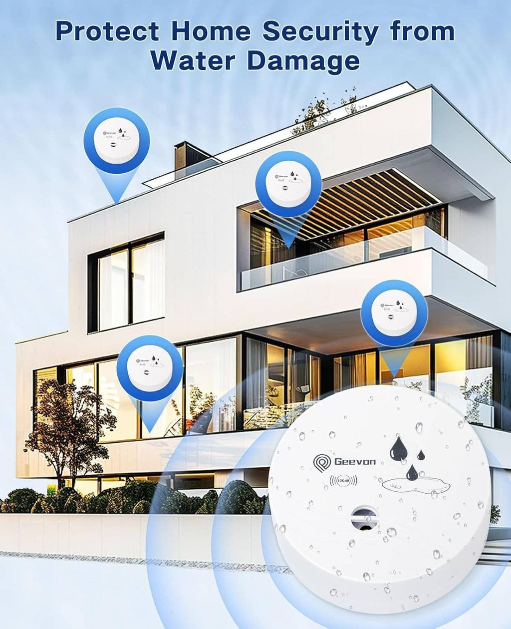 Multiple white water leak alarms with coverage icons around a house