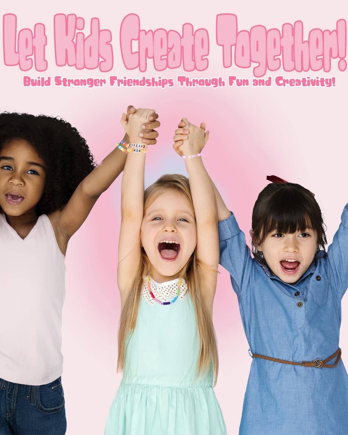 Kids wearing stacked friendship bead bracelets on their wrists