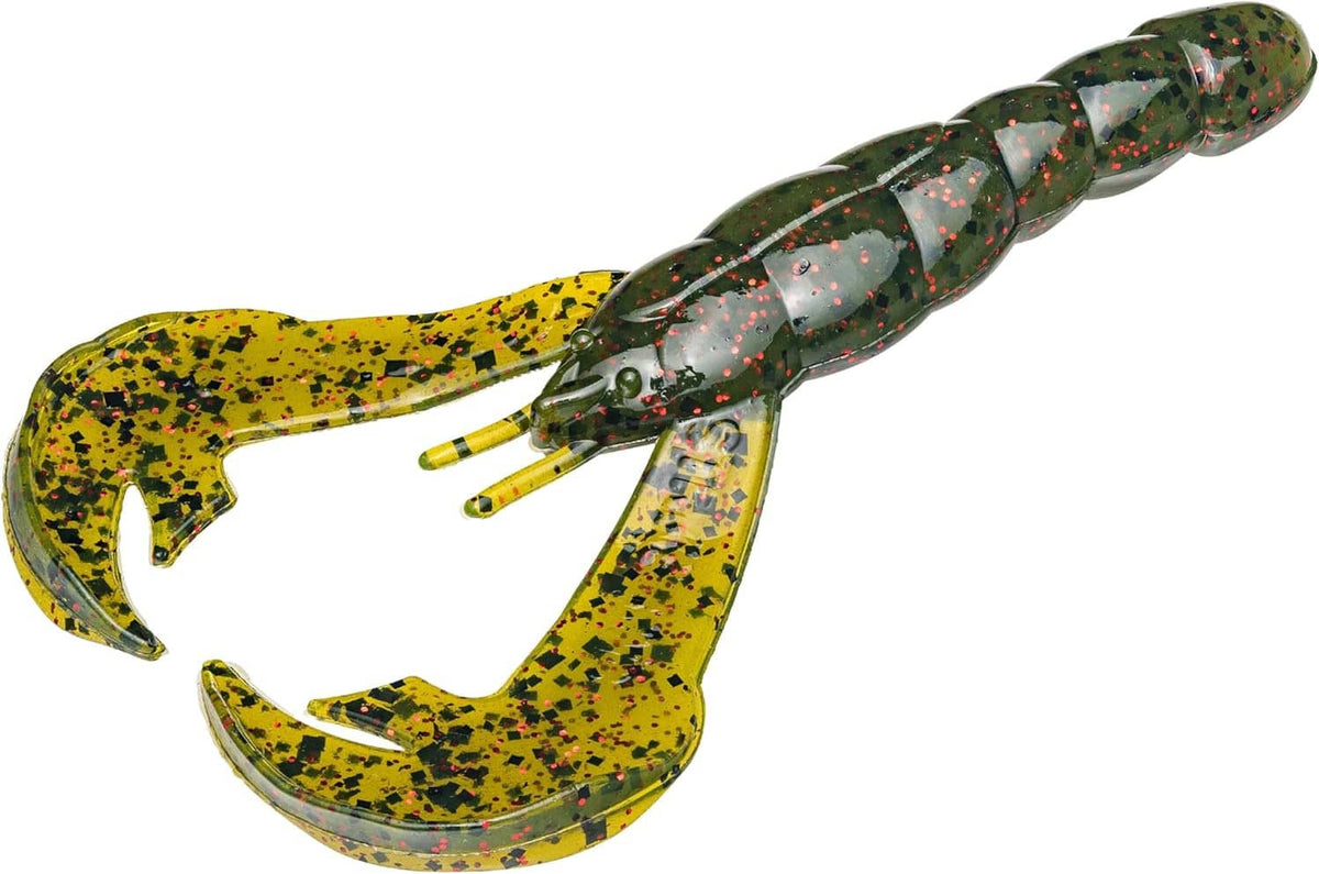 Spotted yellow-and-green plastic craw lure with jointed segmented tail and claws.