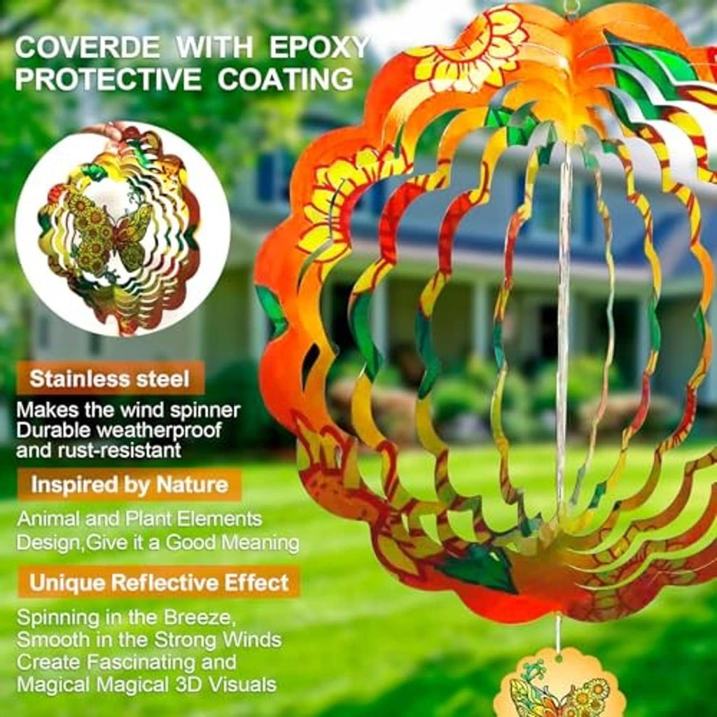 Orange and green butterfly wind spinner with reflective 3D cutout flowers; hanging charm