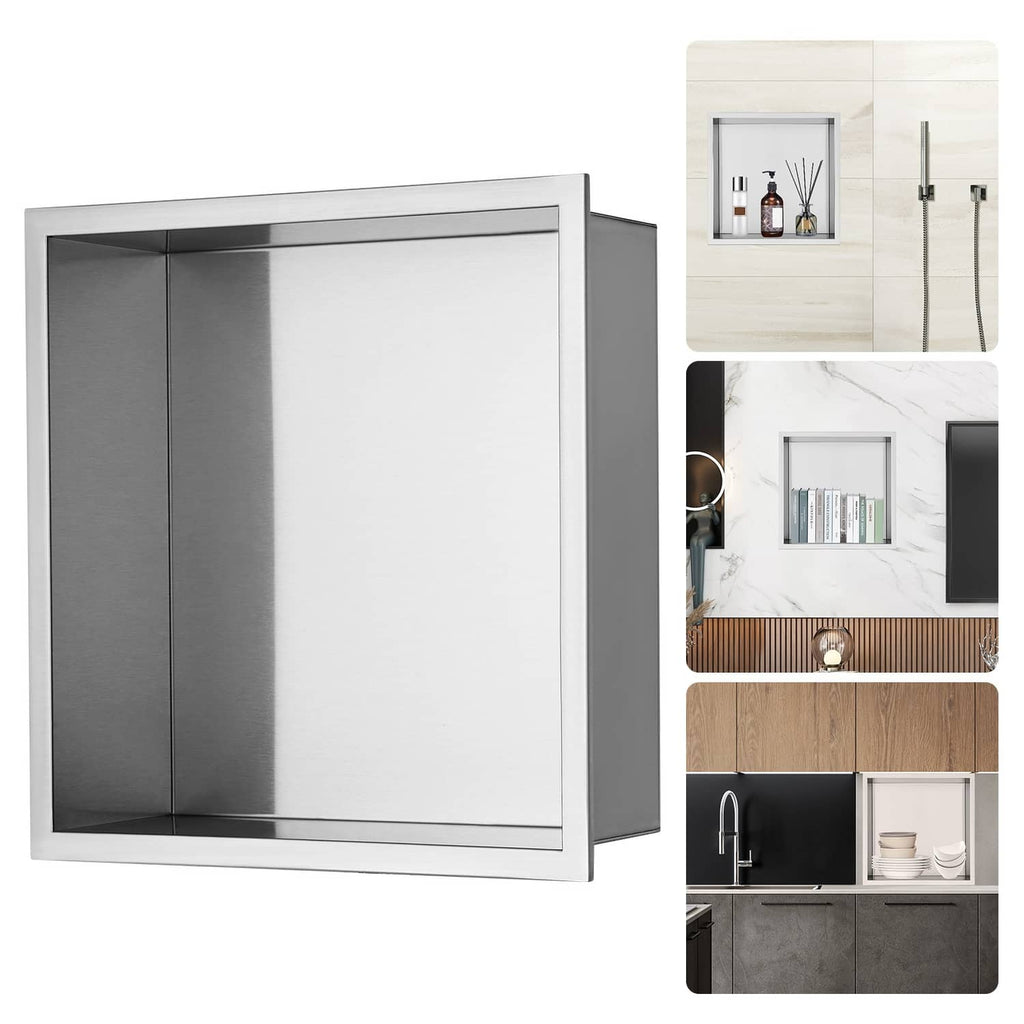 Uimoso stainless steel shower niche with double shelf, wall-inserted frame