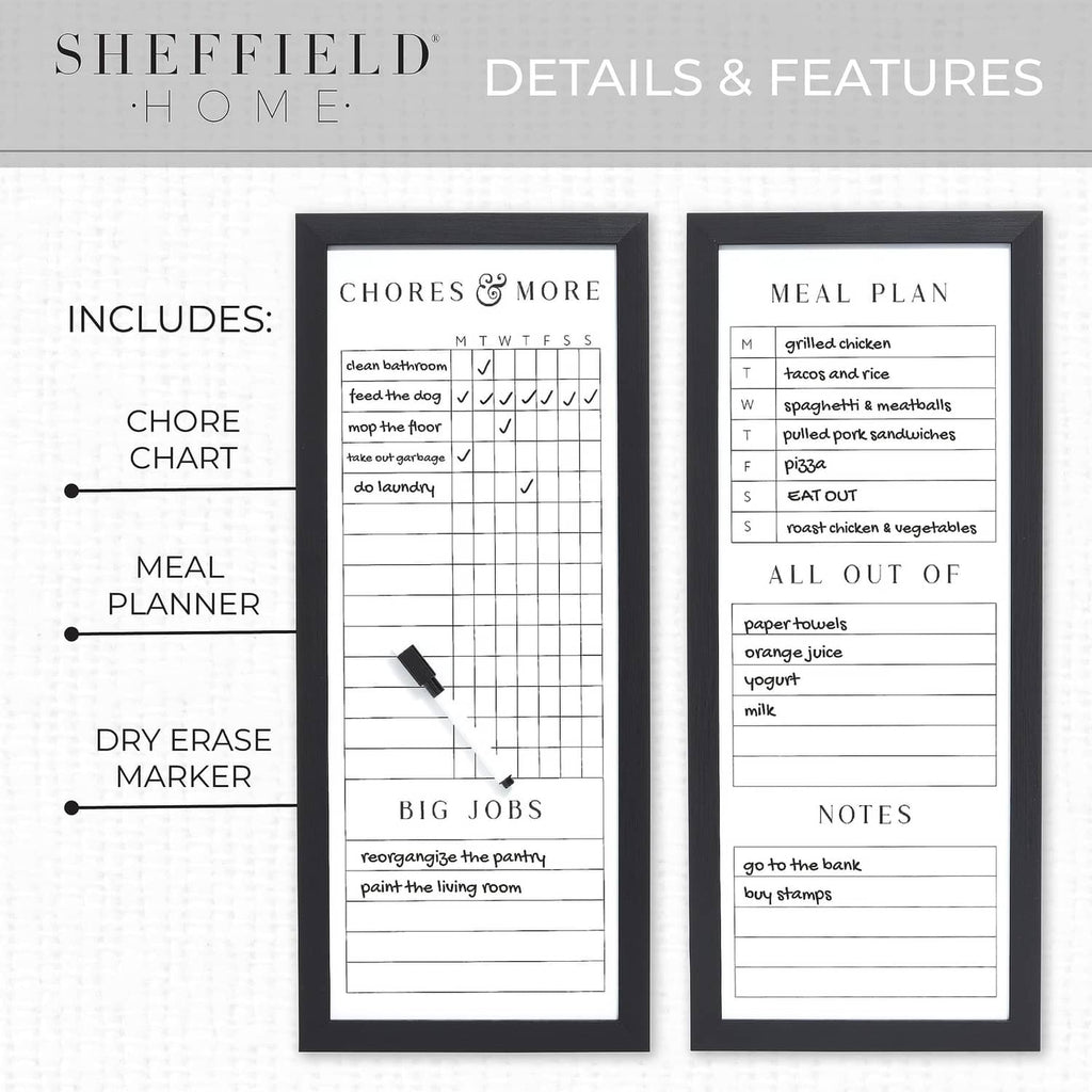 Set of two black framed dry-erase boards with chore chart, meal planner, and marker