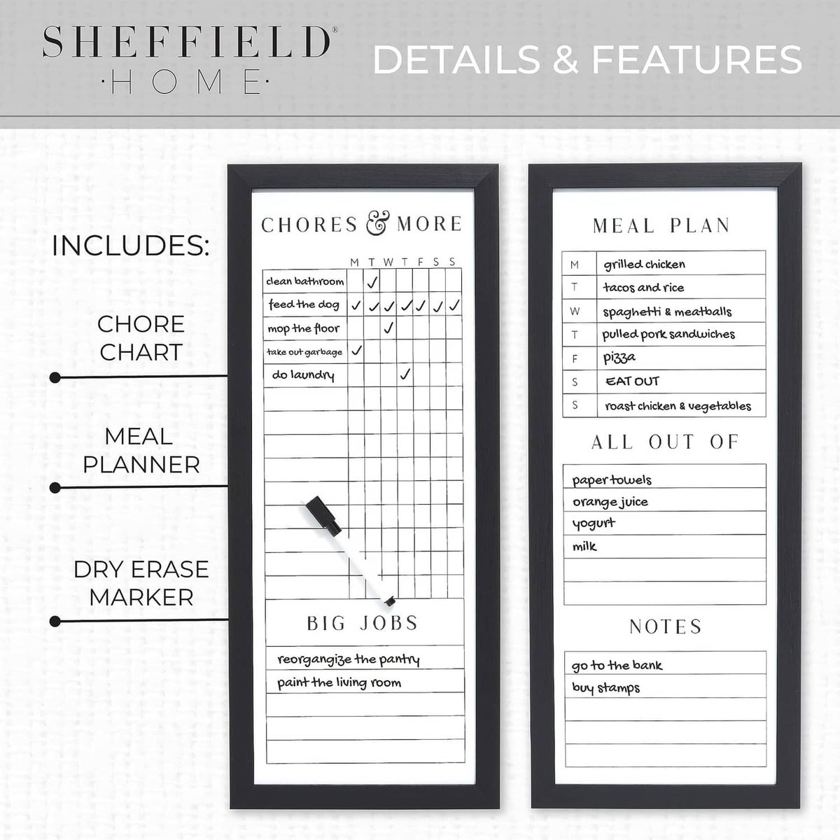 Set of two black framed dry-erase boards with chore chart, meal planner, and marker