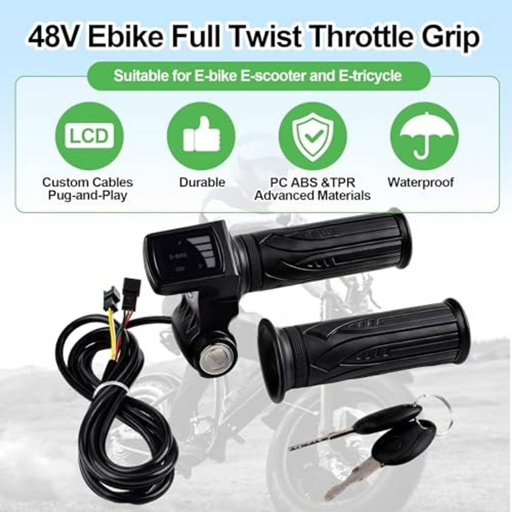 48V electric bike full twist throttle grip with LCD, black rubber grips, waterproof design