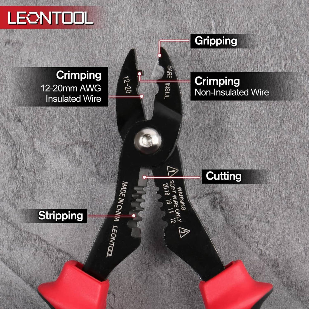 Red and black 4-in-1 pliers showing crimping, cutting, and stripping areas