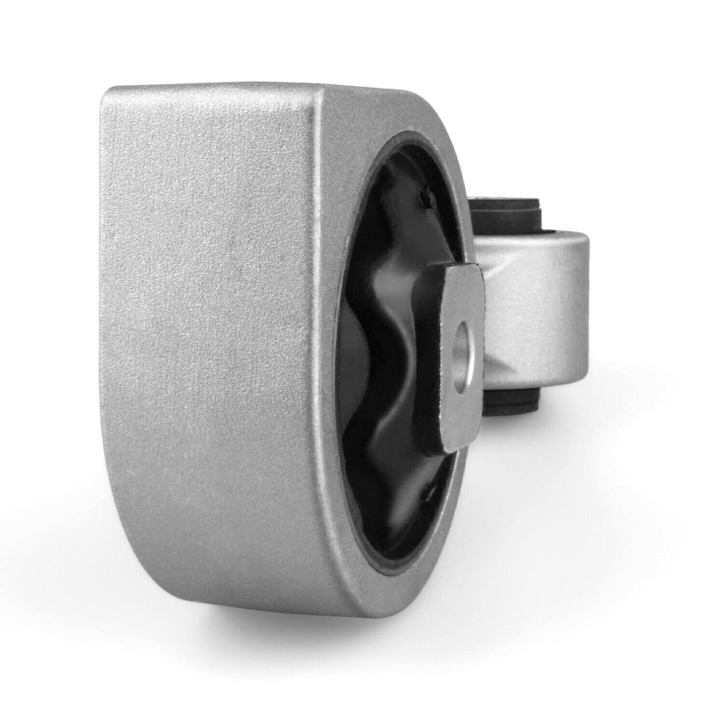 Front torque strut mount with silver frame and black rubber bushing, close side angle