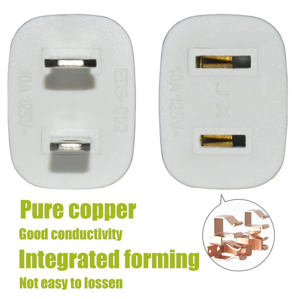 White two-prong plug with exposed copper contacts for an extension cord.