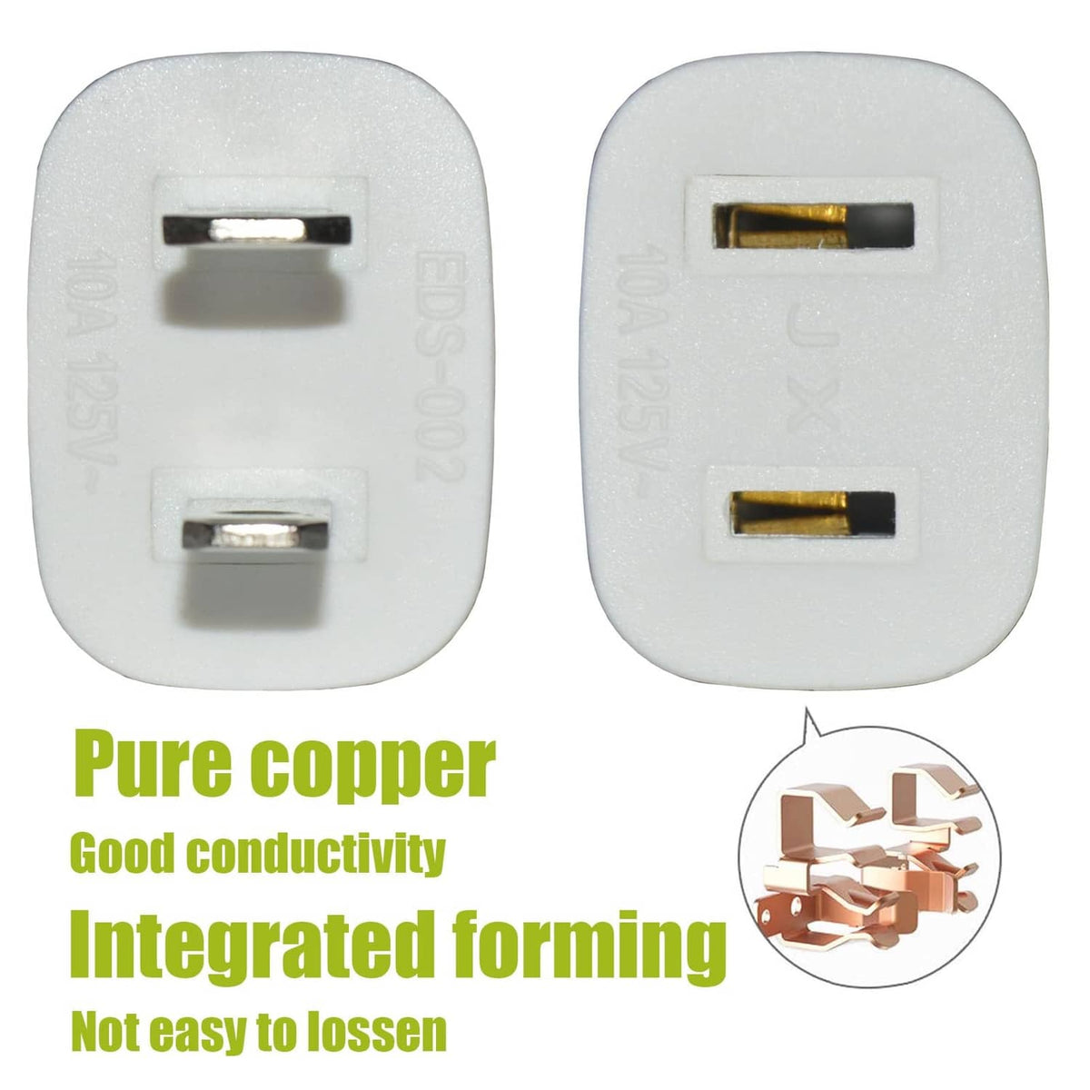 White two-prong plug with exposed copper contacts for an extension cord.