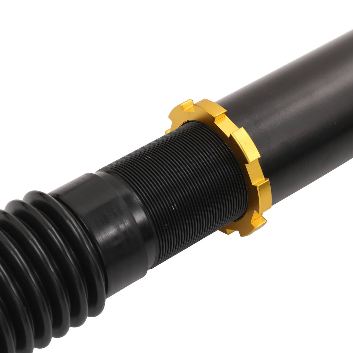 Close-up of black threaded coilover sleeve with a gold collar ring