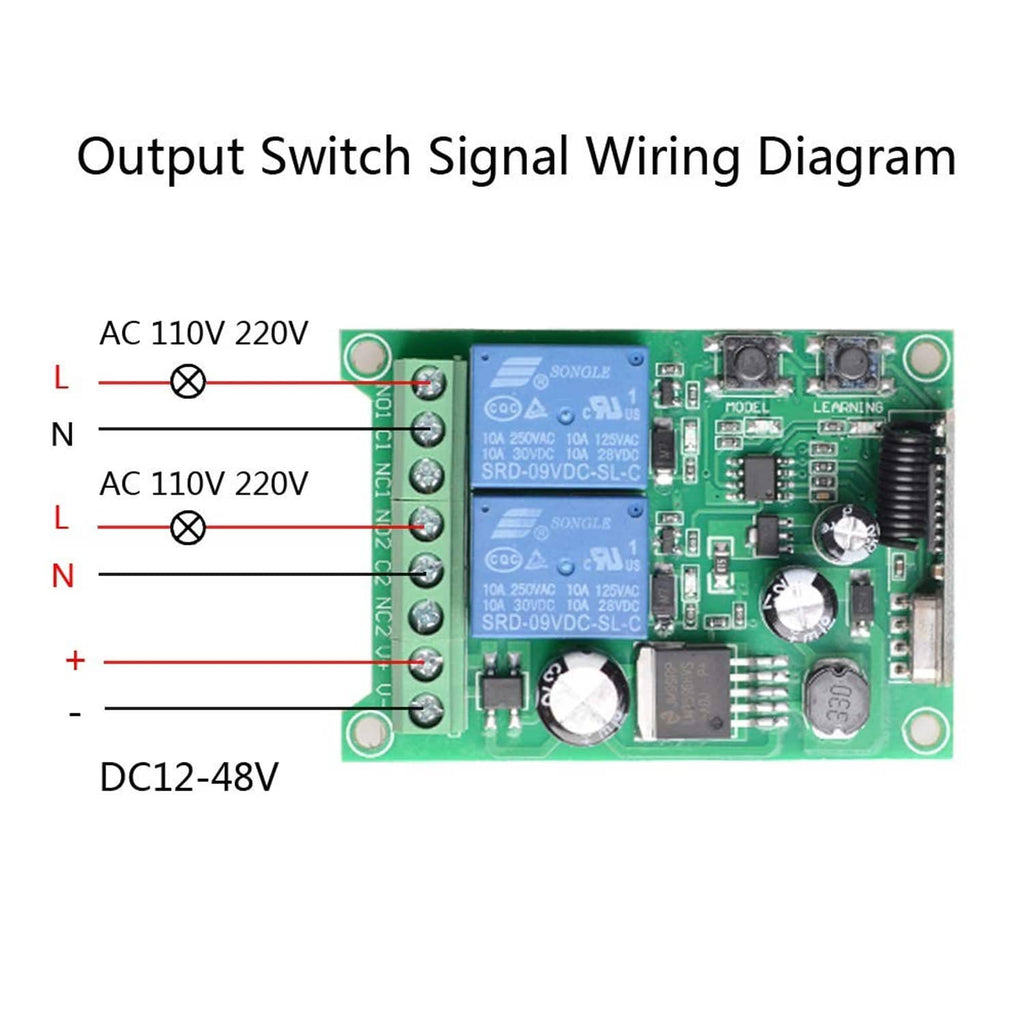 DC 12–48V wireless remote switch signal wiring diagram with AC input terminals