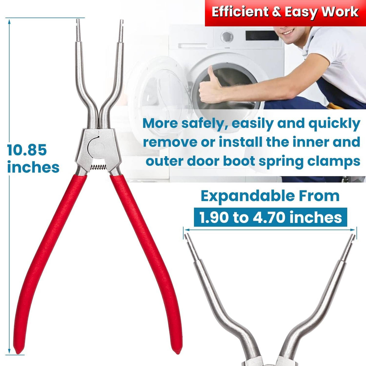 Washing machine spring expansion tool, red handles, silver long arms and clamp head