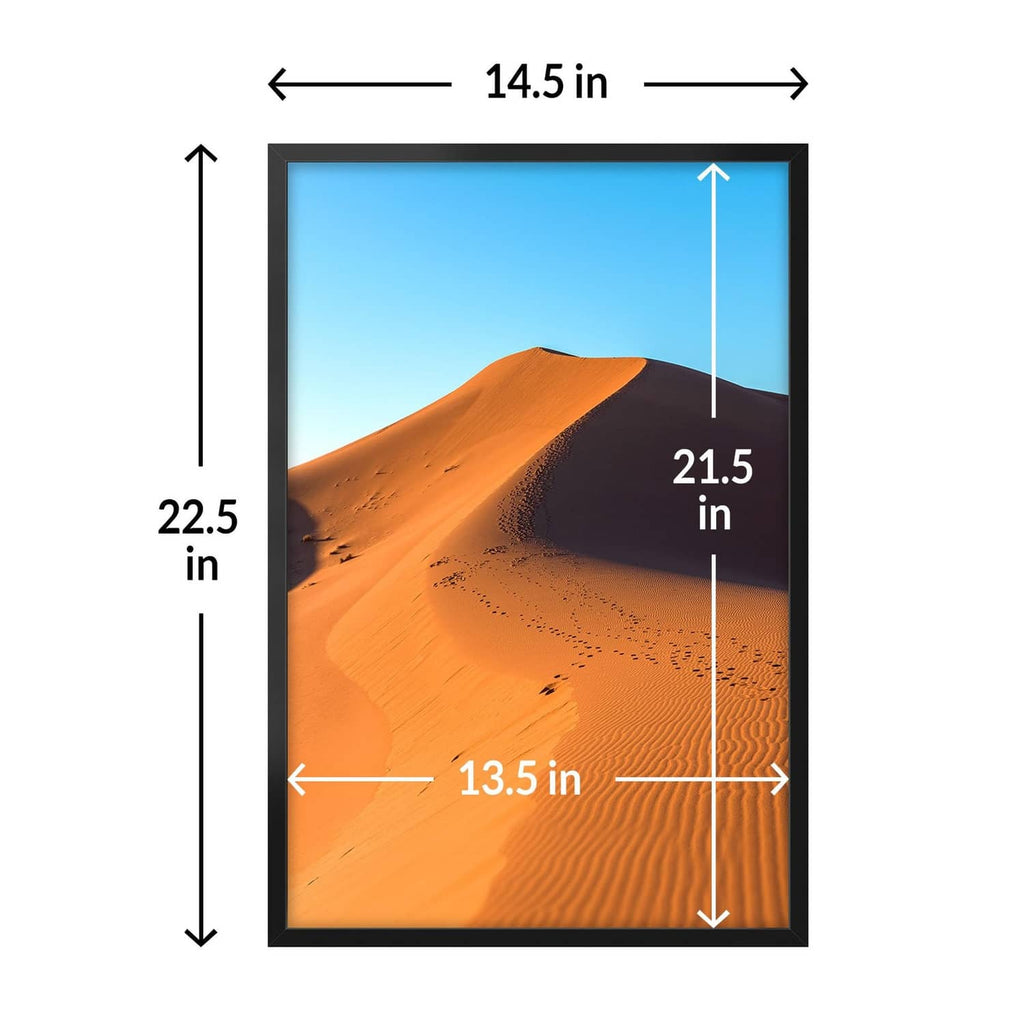 Black 14x22 picture frame with dimensions, for landscape or portrait display