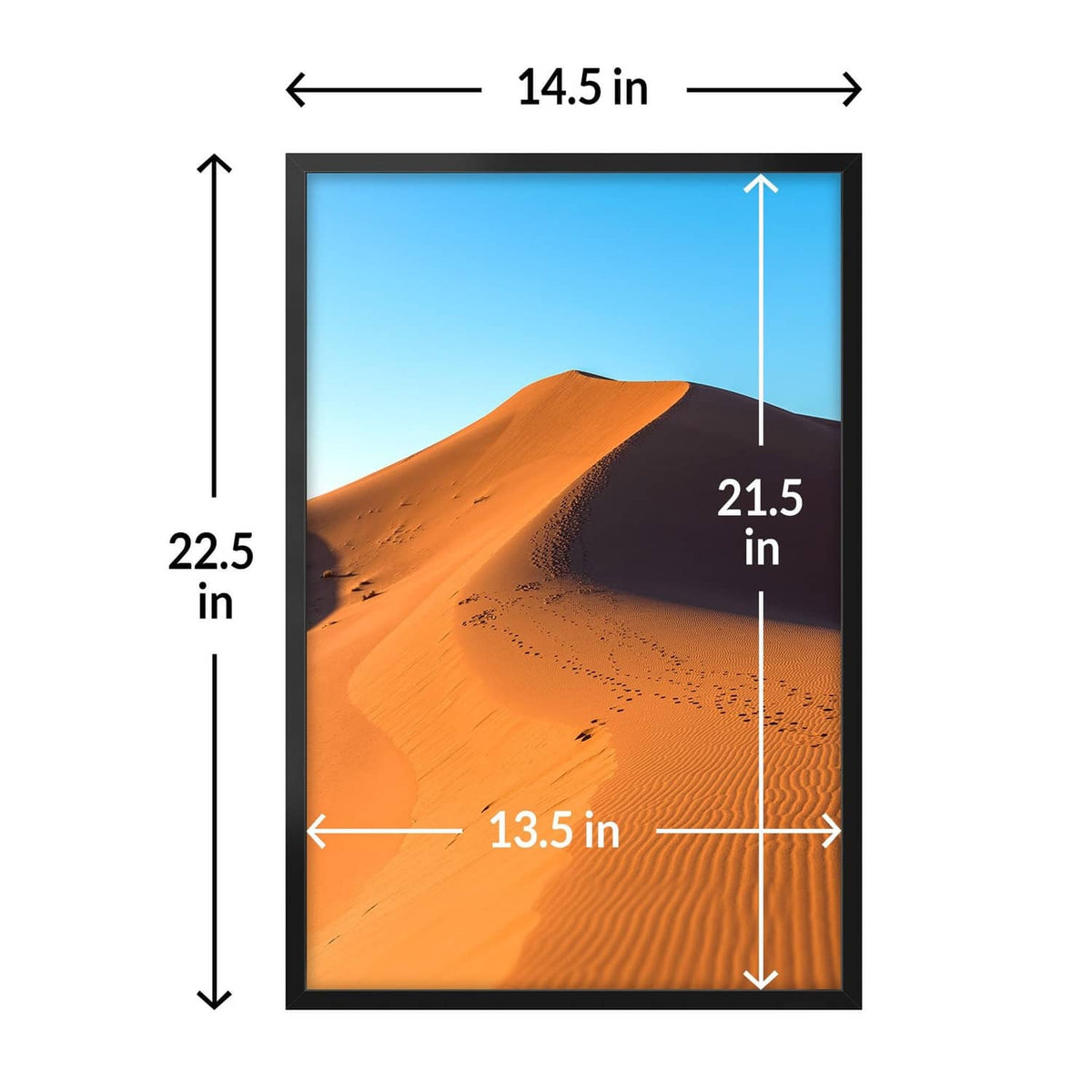 Black 14x22 picture frame with dimensions, for landscape or portrait display