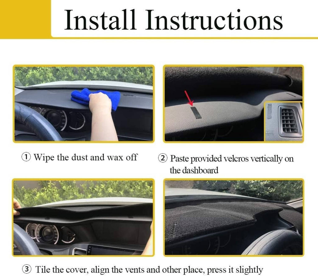 Dash cover mat installation guide showing Velcro placement and vent alignment