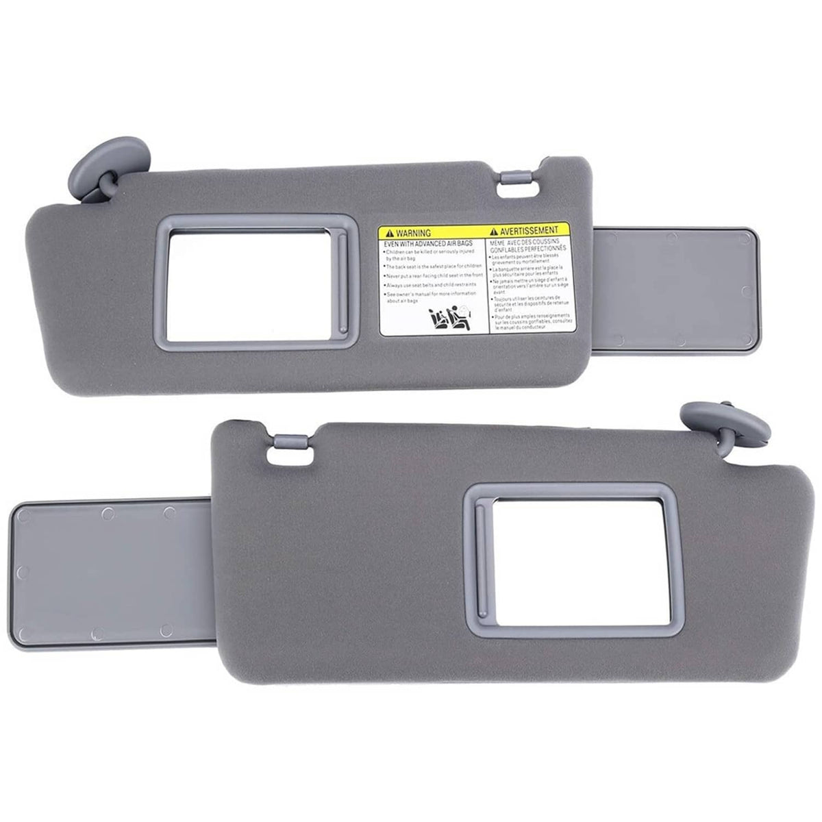 Gray vehicle sun visor set with built-in vanity mirrors and flip-down panels
