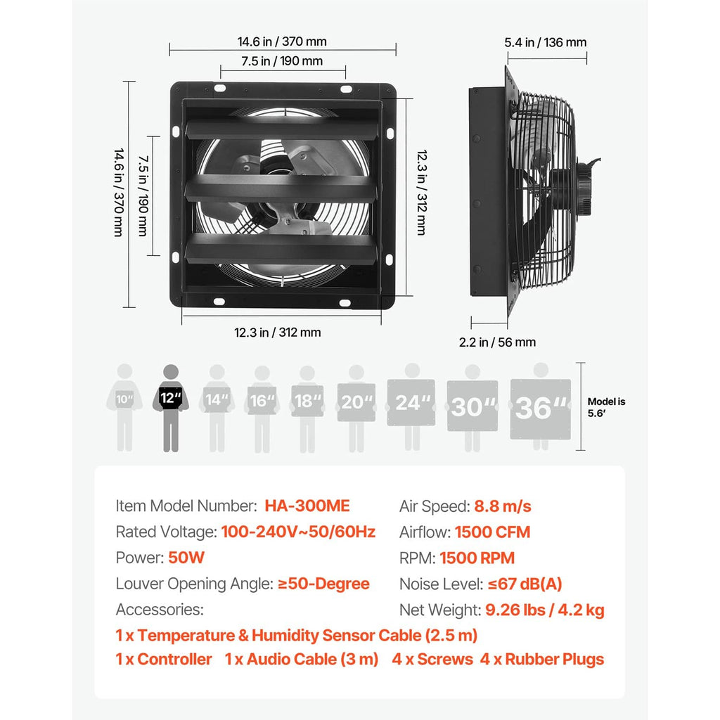 12-inch wall exhaust fan dimension diagram with mounting hole and depth measurements