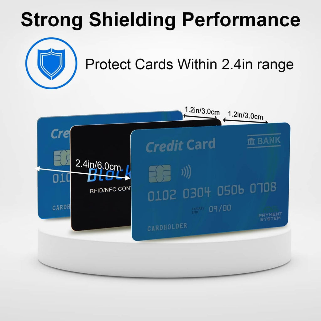 Stack of RFID blocking cards with shield graphic and protected range callouts