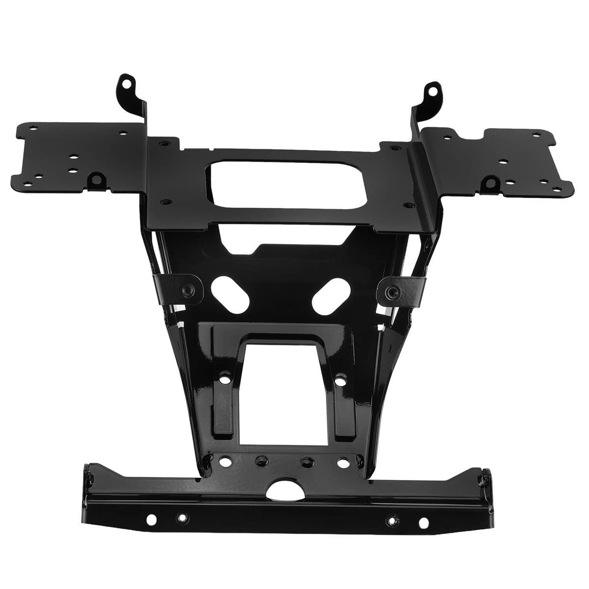 Black metal radio mount bracket with rectangular center cutout and plates