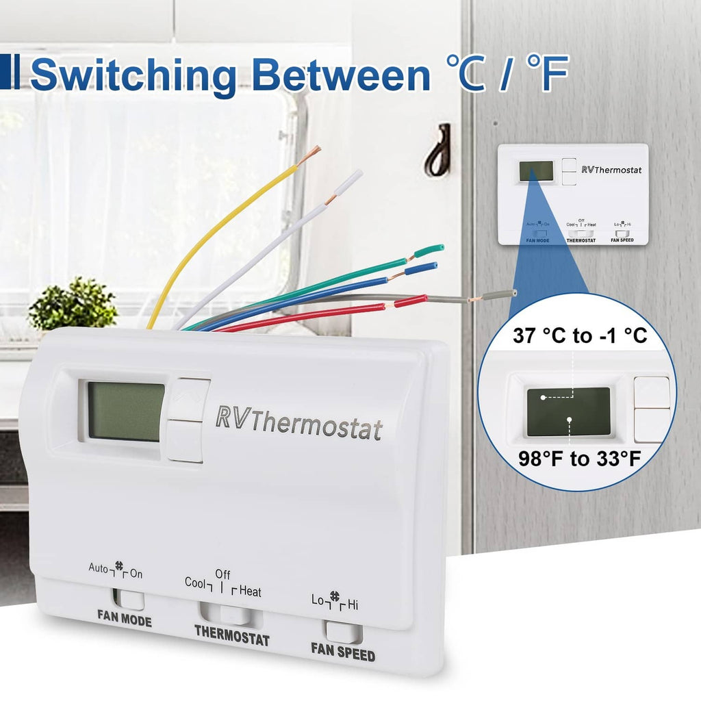 White RV digital thermostat with LCD screen and C to F temperature switching illustration
