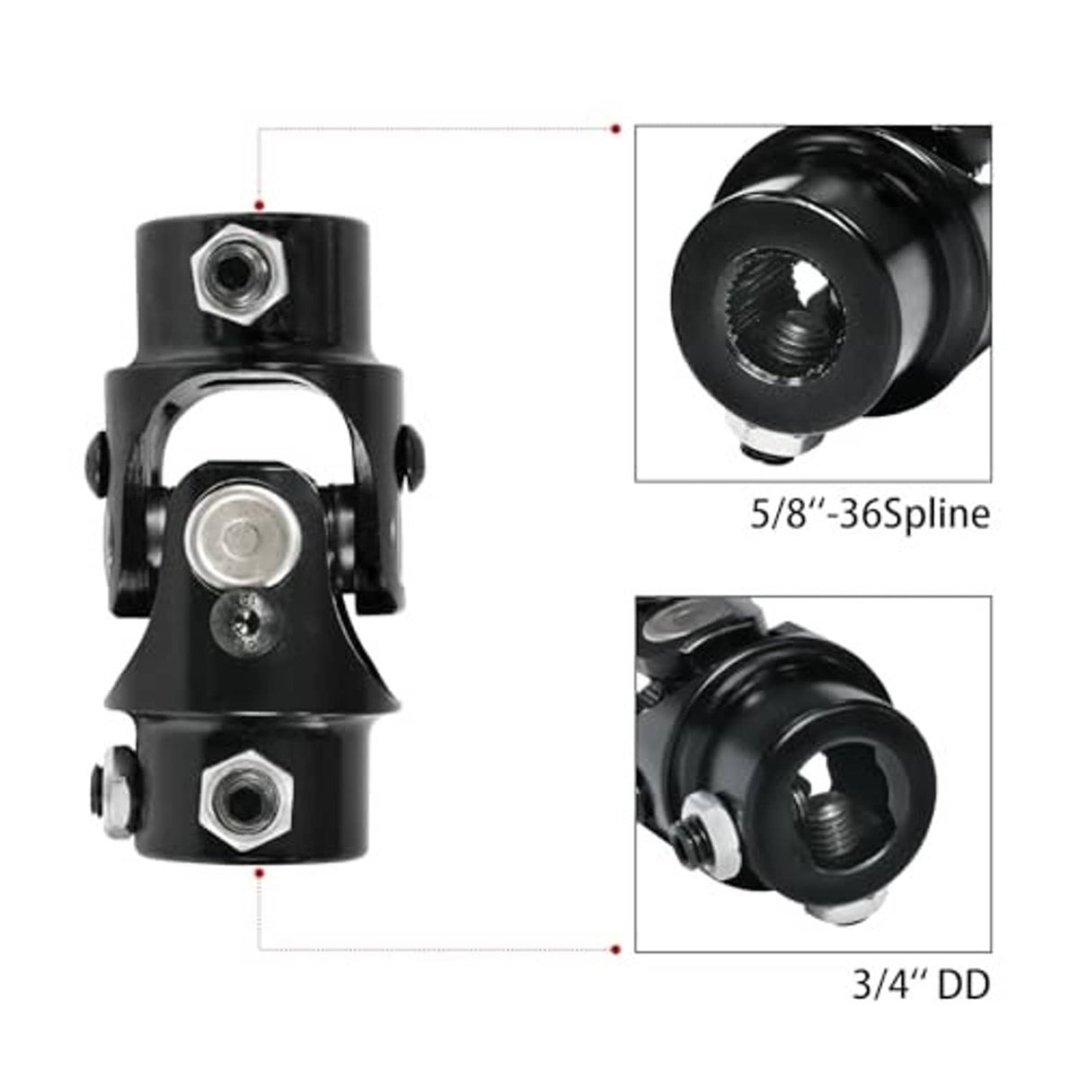 Black steering universal joint with splined 5/8-inch end and 3/4-inch DD section