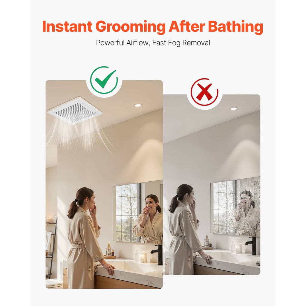 Ceiling bathroom ventilation fan with white grille, airflow for fog removal shown