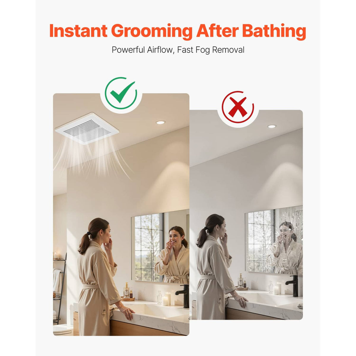 Ceiling bathroom ventilation fan with white grille, airflow for fog removal shown