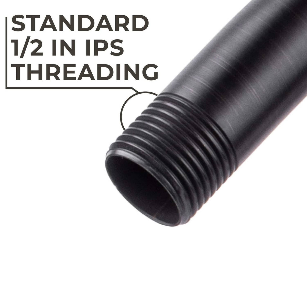 Black shower arm threaded end with standard 1/2 IPS threading profile