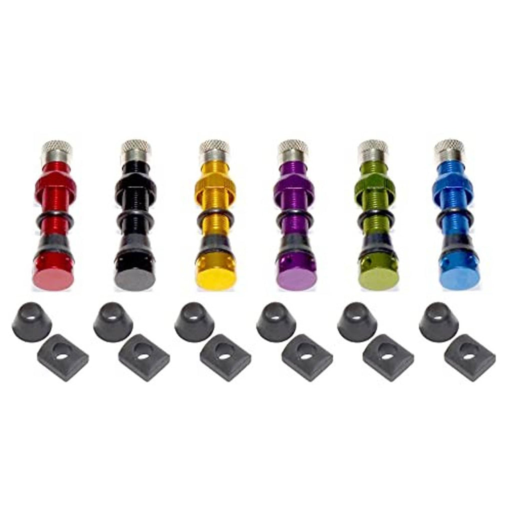 Multi-color tubeless Schrader valve stems with metal caps and black mounting rubber