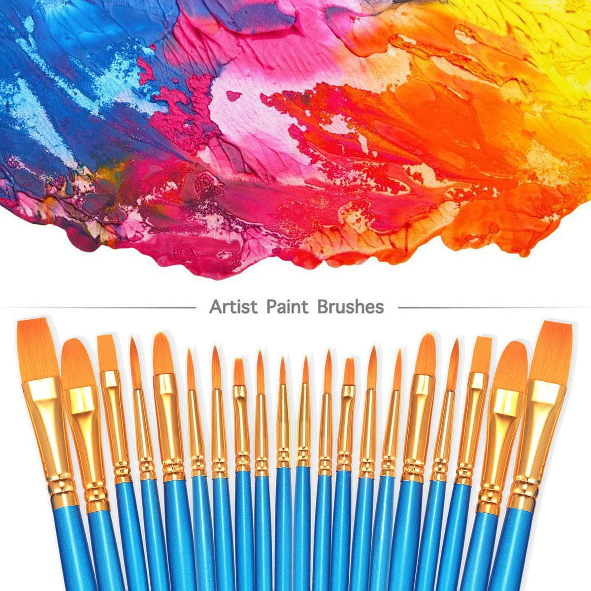 Artist paint brush set with blue handles, gold ferrules, and orange bristles