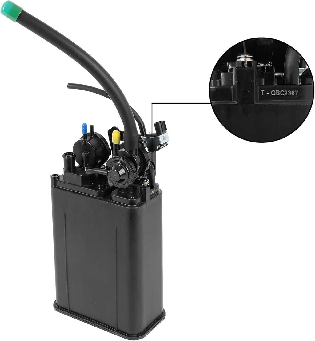 Fuel vapor charcoal canister assembly with connected hoses and mounting hardware