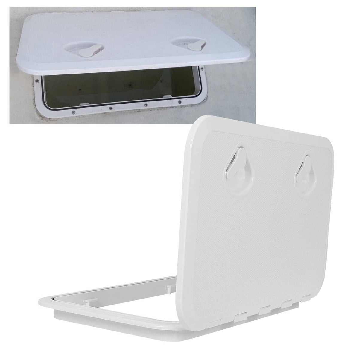 White marine boat deck hatch with hinged lid and recessed hand grips