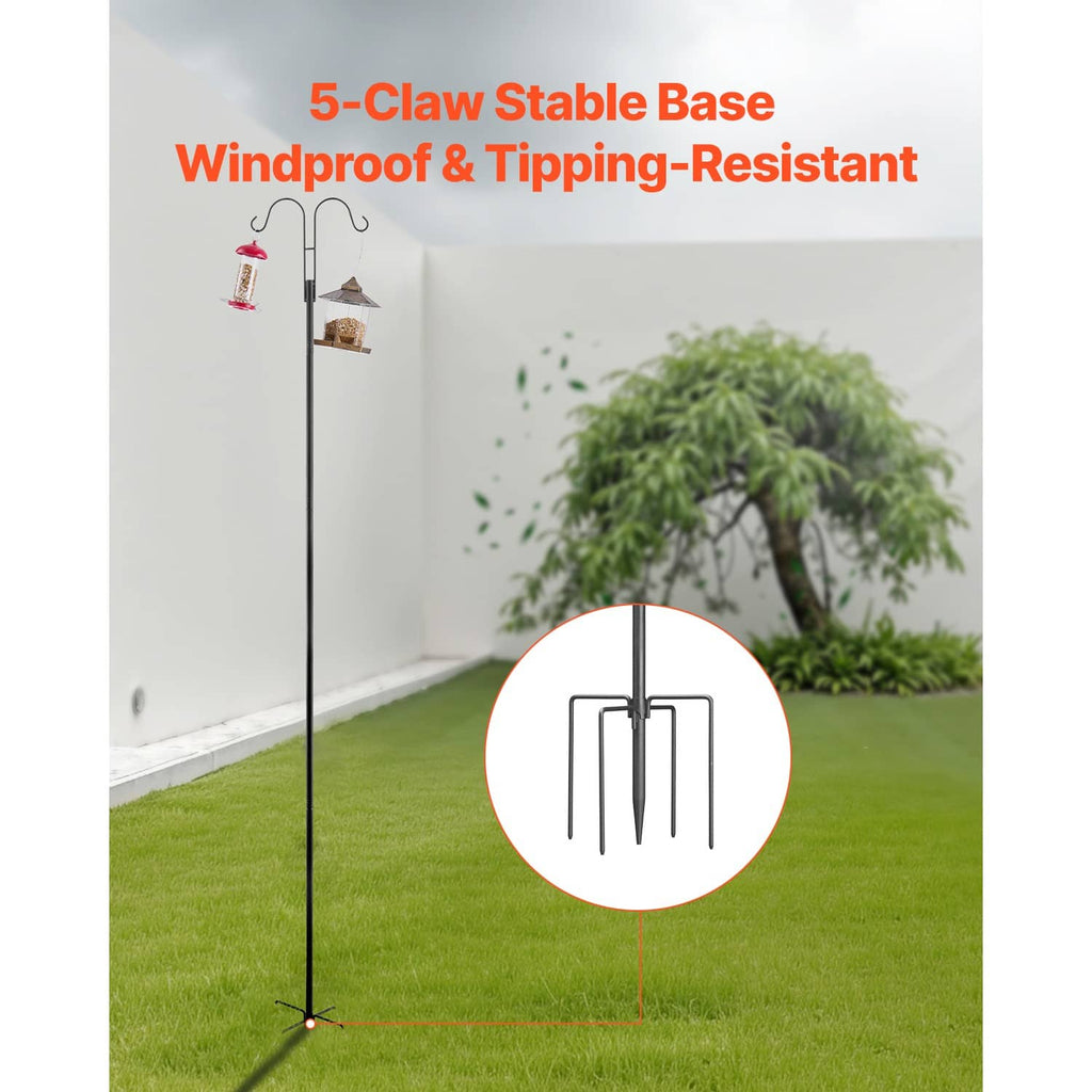 Black double-hook shepherds hook pole with five-tine stake base and hanging feeder