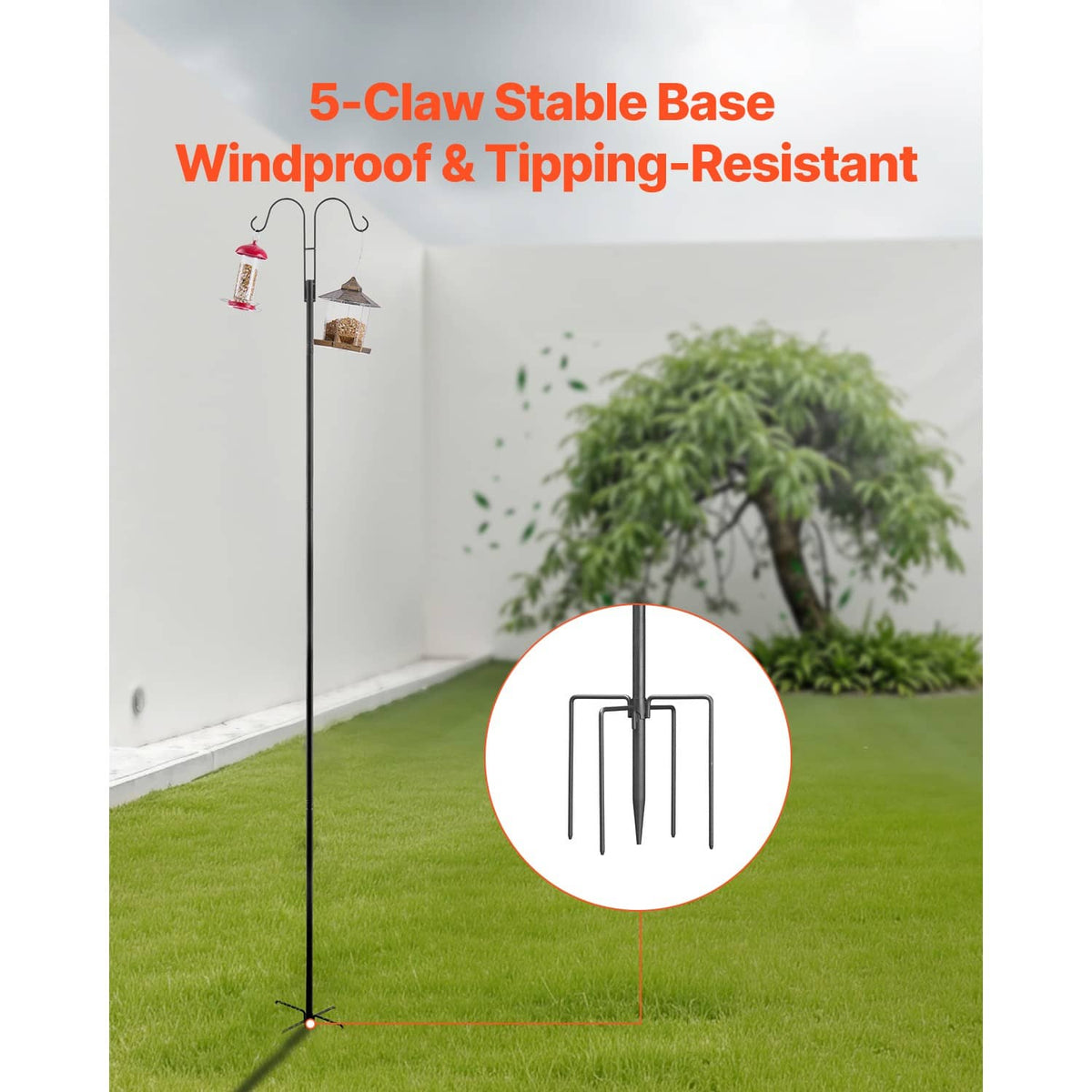 Black double-hook shepherds hook pole with five-tine stake base and hanging feeder