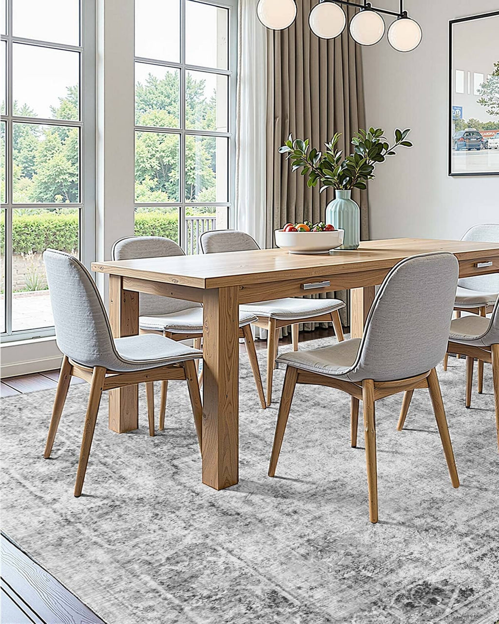 Gray abstract area rug beneath a dining table with distressed, mottled design
