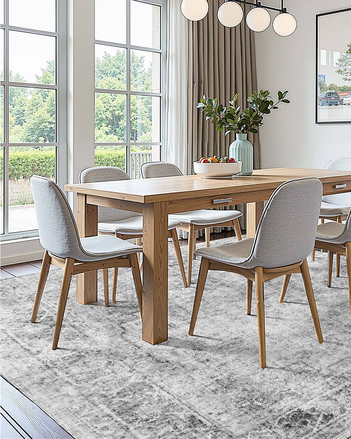 Gray abstract area rug beneath a dining table with distressed, mottled design